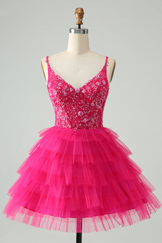 Hot Pink A Line Spaghetti Straps Tyll Tiered Kort Homecoming Klänning