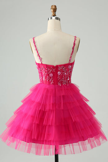 Hot Pink A Line Spaghetti Straps Tyll Tiered Kort Homecoming Klänning