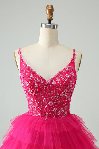 Hot Pink A Line Spaghetti Straps Tyll Tiered Kort Homecoming Klänning