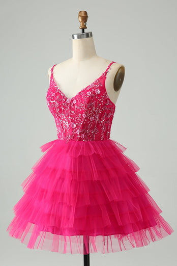 Hot Pink A Line Spaghetti Straps Tyll Tiered Kort Homecoming Klänning