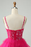 Hot Pink A Line Spaghetti Straps Tyll Tiered Kort Homecoming Klänning