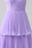 A-linje Sweetheart Lilac Chiffong Lång Brudtärneklänning med Plisserad