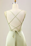 Dusty Sage A Line Spaghetti Straps Lång Satin Brudtärna Klänning
