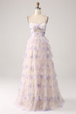 Lavendel Blomma Tiered Princess Balklänning med Plisserad
