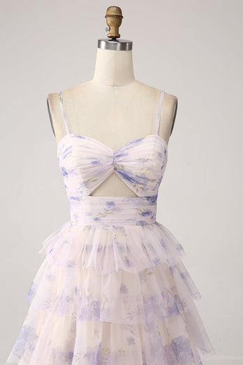 Lavendel Blomma Tiered Princess Balklänning med Plisserad