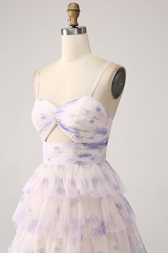 Lavendel Blomma Tiered Princess Balklänning med Plisserad