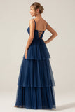 A Line Spaghetti Straps Tiered Navy Tyll Plisserad Balklänning med slits