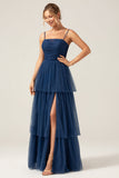A Line Spaghetti Straps Tiered Navy Tyll Plisserad Balklänning med slits