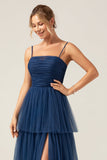 A Line Spaghetti Straps Tiered Navy Tyll Plisserad Balklänning med slits