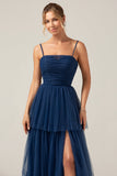A Line Spaghetti Straps Tiered Navy Tyll Plisserad Balklänning med slits