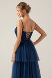A Line Spaghetti Straps Tiered Navy Tyll Plisserad Balklänning med slits