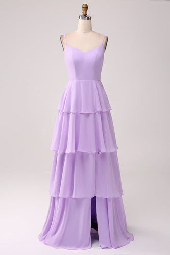 A Line Spaghetti Straps Tiered Chiffong Lilac Bridesmaid Klänning med slits