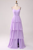 A Line Spaghetti Straps Tiered Chiffong Lilac Bridesmaid Klänning med slits