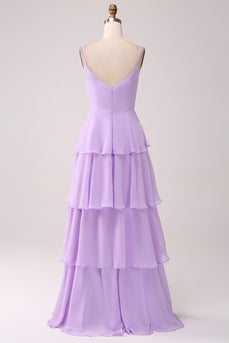 A Line Spaghetti Straps Tiered Chiffong Lilac Bridesmaid Klänning med slits