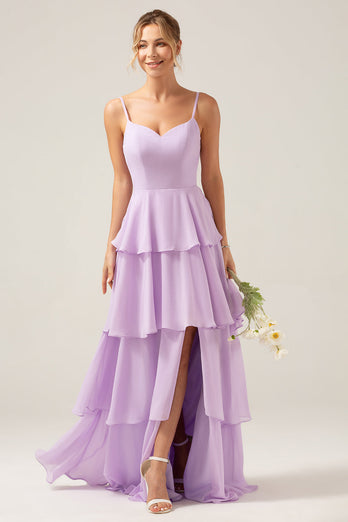 Lila A Line Spaghetti Straps Tiered Chiffong Bridesmaid Klänning med slits