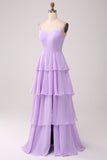 A Line Spaghetti Straps Tiered Chiffong Lilac Bridesmaid Klänning med slits