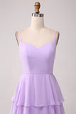 A Line Spaghetti Straps Tiered Chiffong Lilac Bridesmaid Klänning med slits