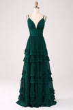 Spaghetti Straps Tiered Prom Klänning med Plisserad