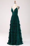 Spaghetti Straps Tiered Prom Klänning med Plisserad