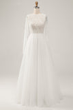 Elegant Ivory A Line Backless Långärmad Bröllopsklänning med spets