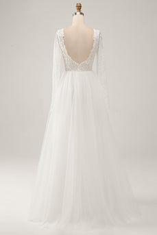 Elegant Ivory A Line Backless Långärmad Bröllopsklänning med spets