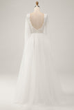 Elegant Ivory A Line Backless Långärmad Bröllopsklänning med spets