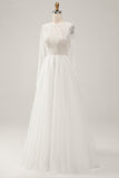 Elegant Ivory A Line Backless Långärmad Bröllopsklänning med spets