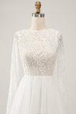Elegant Ivory A Line Backless Långärmad Bröllopsklänning med spets