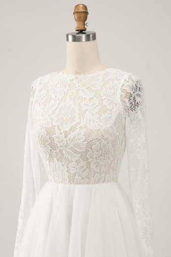 Elegant Ivory A Line Backless Långärmad Bröllopsklänning med spets