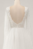 Elegant Ivory A Line Backless Långärmad Bröllopsklänning med spets