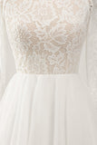 Elegant Ivory A Line Backless Långärmad Bröllopsklänning med spets