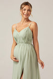 Dusty Sage A-linje Spaghetti Straps Chiffong Lång Brudtärneklänning med slits