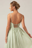 Dusty Sage A-linje Spaghetti Straps Chiffong Lång Brudtärneklänning med slits
