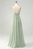 A-linje Dusty Sage Chiffong Spaghetti Straps Lång Brudtärneklänning med slits