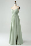 A-linje Dusty Sage Chiffong Spaghetti Straps Lång Brudtärneklänning med slits