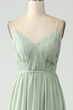 A-linje Dusty Sage Chiffong Spaghetti Straps Lång Brudtärneklänning med slits