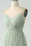 A-linje Dusty Sage Chiffong Spaghetti Straps Lång Brudtärneklänning med slits