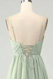 A-linje Dusty Sage Chiffong Spaghetti Straps Lång Brudtärneklänning med slits