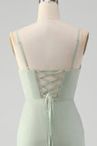 Matcha A Line Spaghetti Straps Satin Lång Brudtärneklänning med Snörning Upp Tillbaka