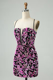 Glittrande Fuchsia Bodycon Spaghetti Remmar Paljetter Kort Homecoming Klänning