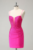 Fuchsia Bodycon Spaghetti Straps Rynkad Kort Homecoming Klänning med Beading