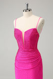 Fuchsia Bodycon Spaghetti Straps Rynkad Kort Homecoming Klänning med Beading