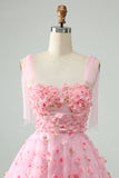 Söt Rosa A Line Spaghetti Straps Kort Homecoming Klänning Med 3D Blommor