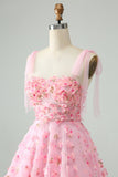 Söt Rosa A Line Spaghetti Straps Kort Homecoming Klänning Med 3D Blommor