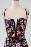 Svart Blomma Bodycon V-hals Spaghetti Remmar Kort Homecoming Klänning