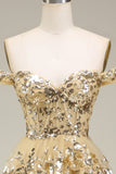 Guld Off the Shoulder Korsett Balklänning Med Slits