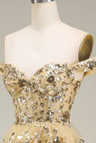 Guld Off the Shoulder Korsett Balklänning Med Slits