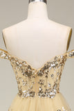 Guld Off the Shoulder Korsett Balklänning Med Slits