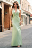 Dusty Sage Satin Mermaid Rynkad Halter Brudtärna Klänning