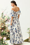 Vit Blå Blomma Boho Brudtärnklänning